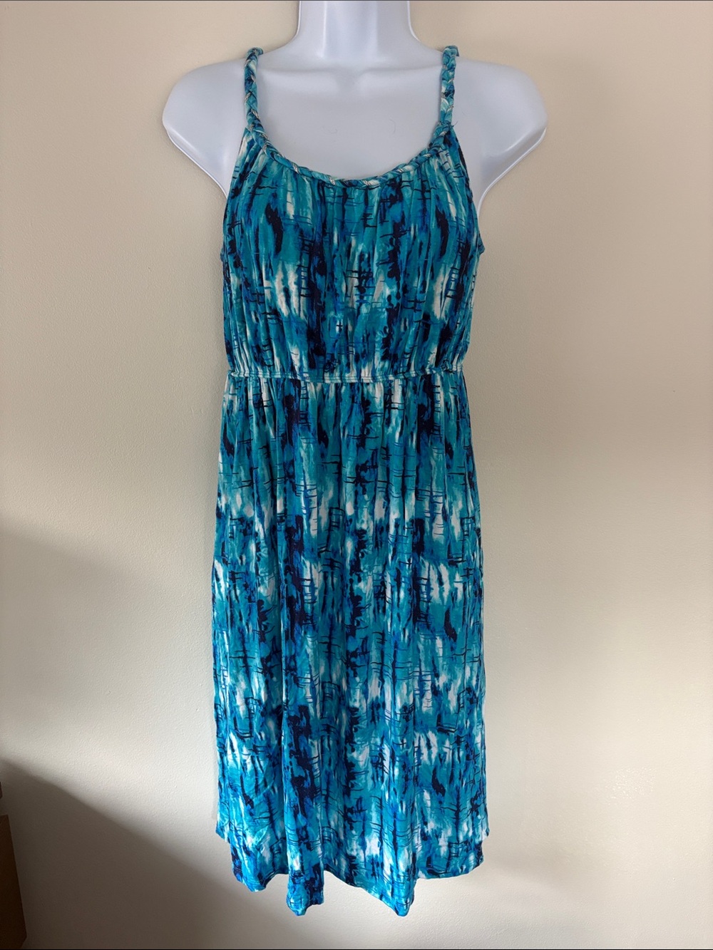 Blue Abstract Print Midi Sundress with Braided Straps